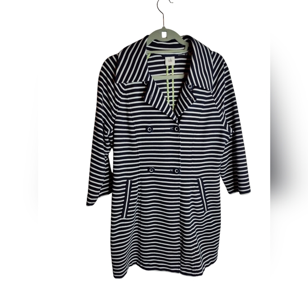 Cabi Maritime Trench Coat Women's Size L navy white stripe nautical 3/4 sleeve